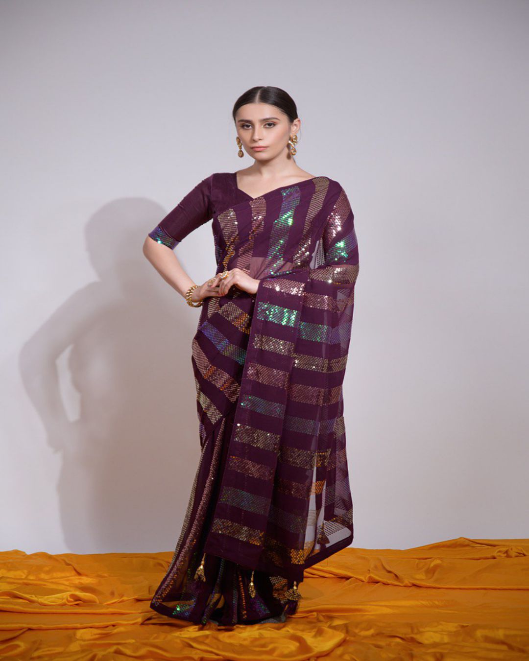 Party Wear Wine Sequins Work Georgette Saree