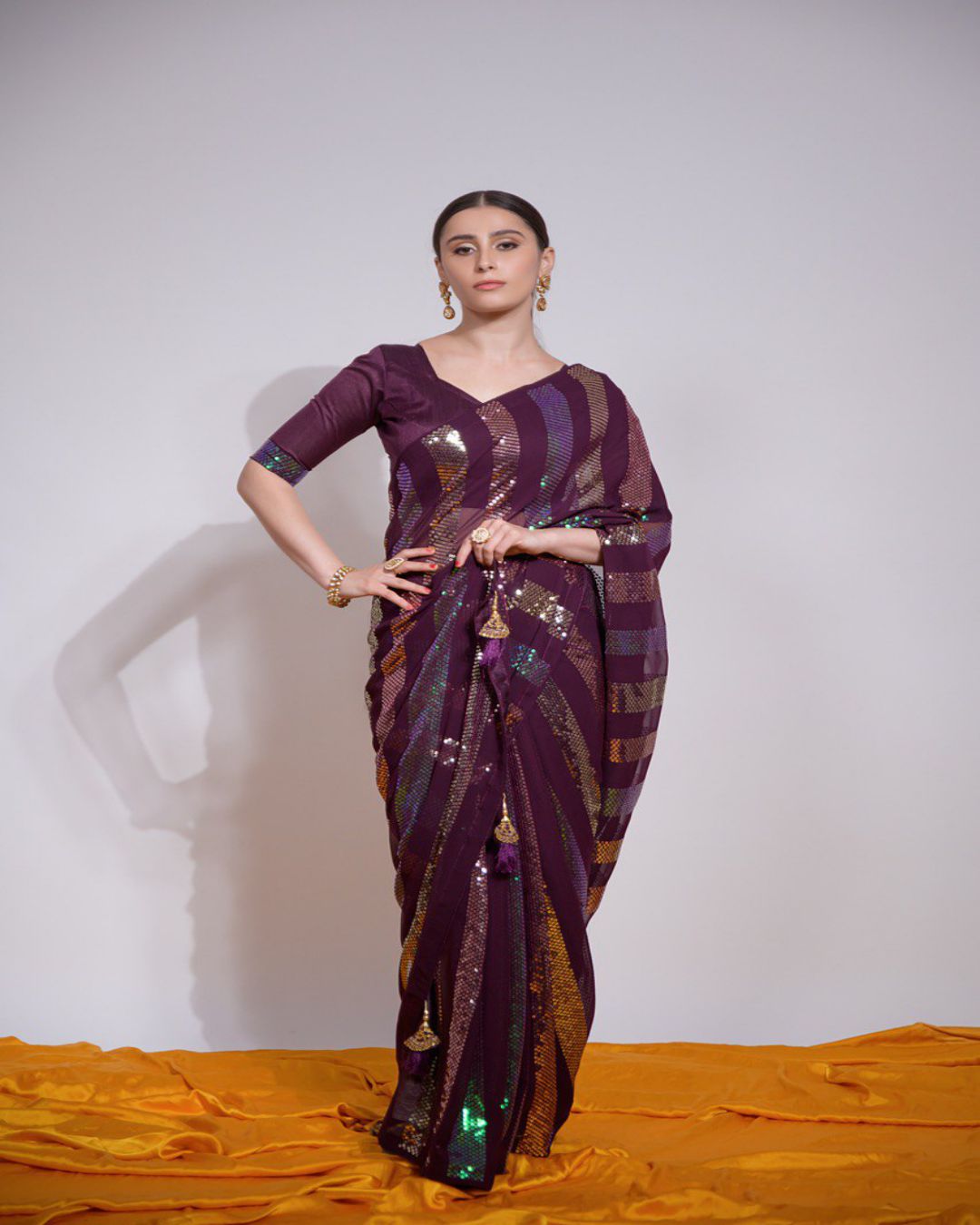 Party Wear Wine Sequins Work Georgette Saree