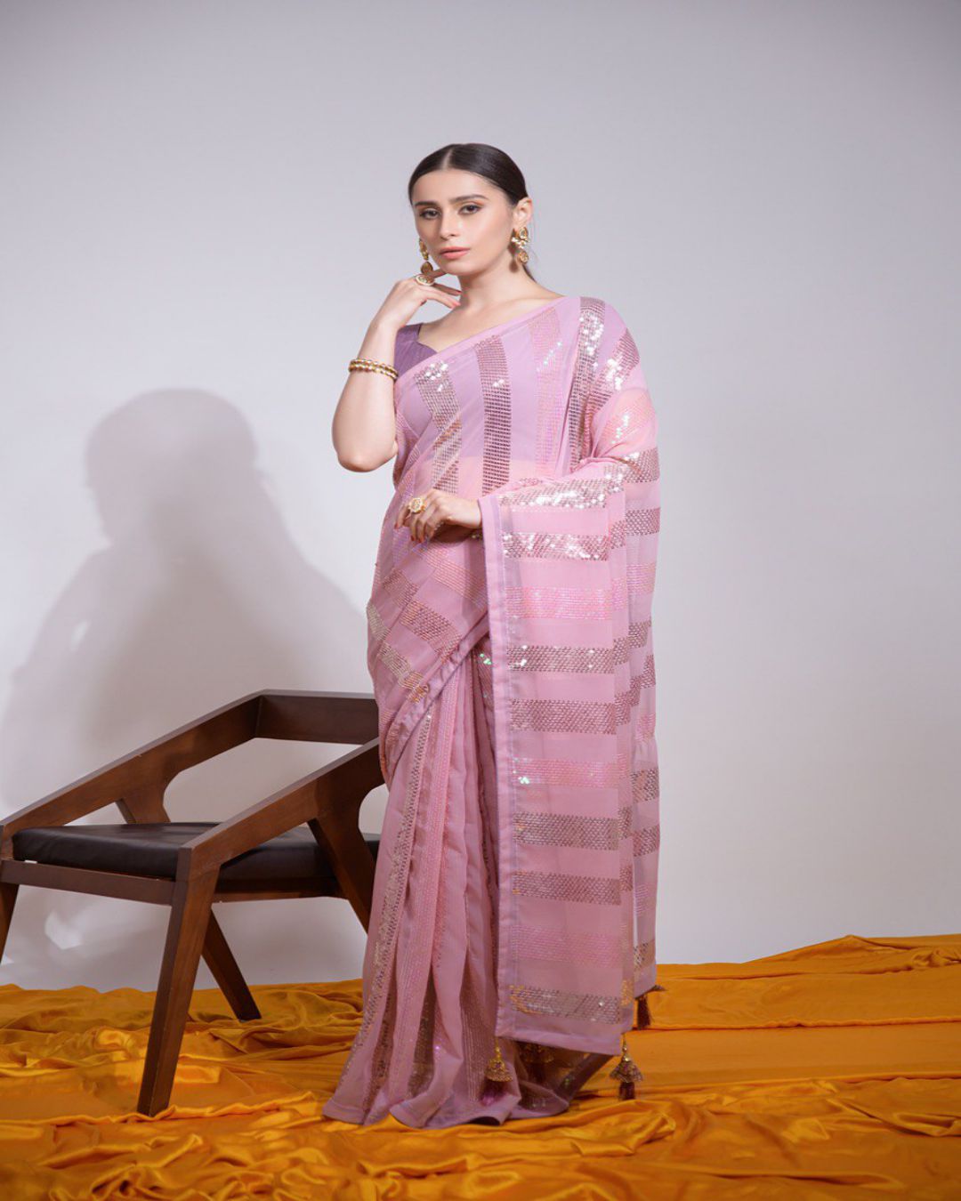 Party Wear Pink Sequins Work Georgette Saree