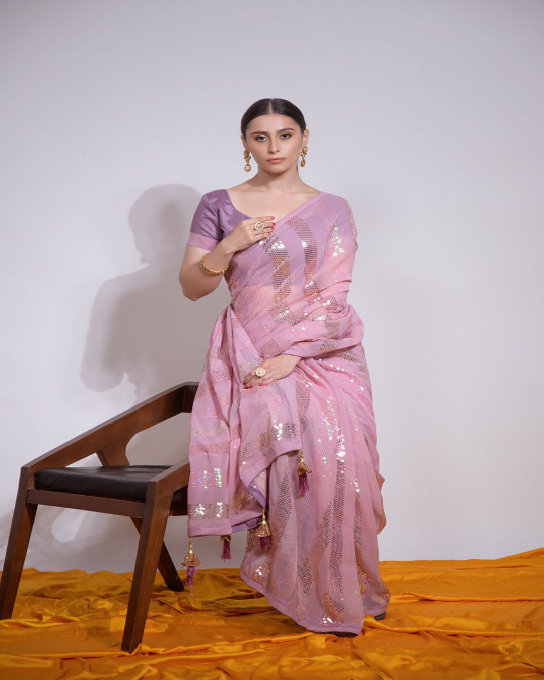 Party Wear Pink Sequins Work Georgette Saree