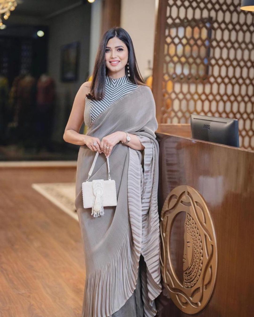 Brilliant Grey Color party wear saree