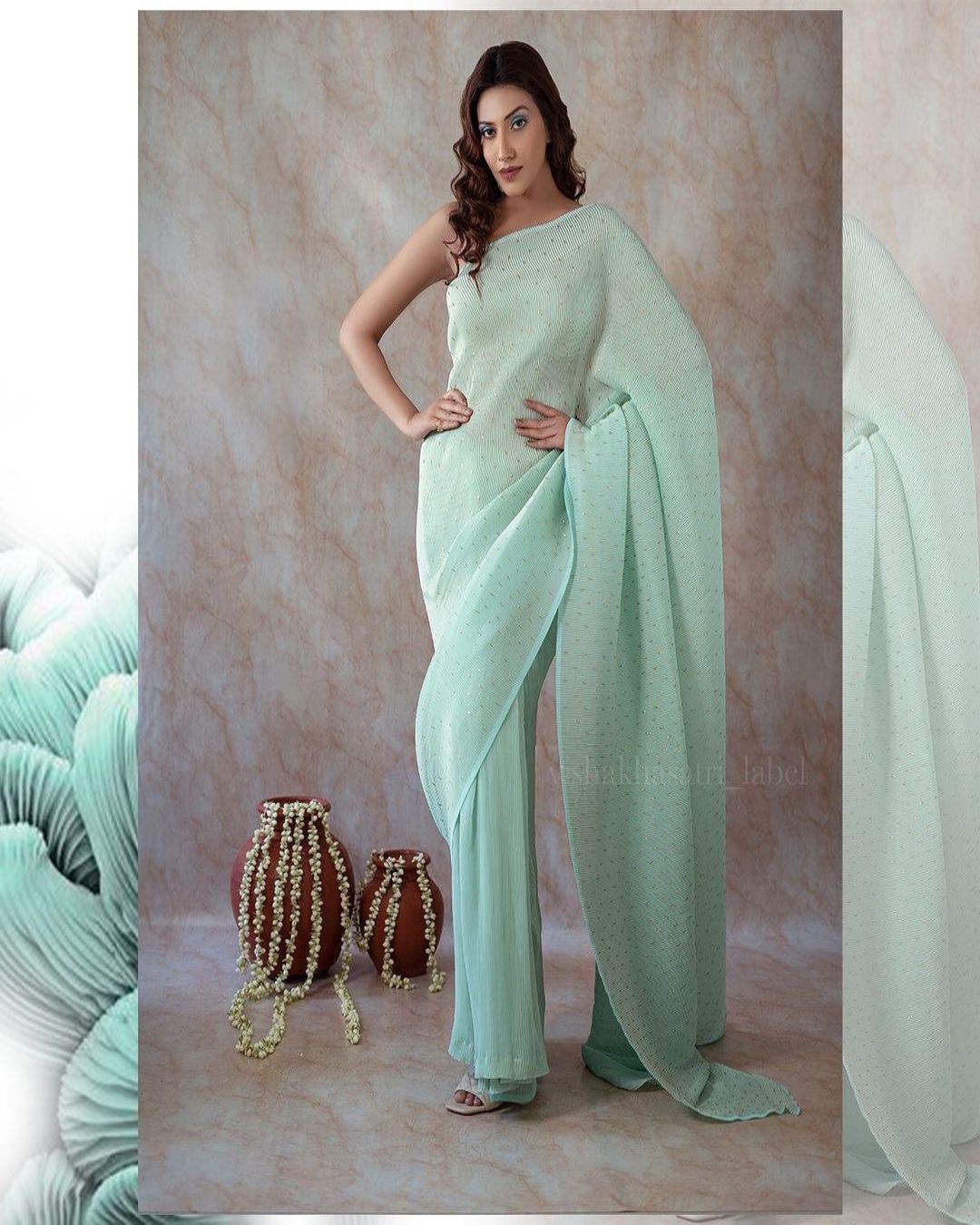 Sea green crushed georgette designer party wear saree