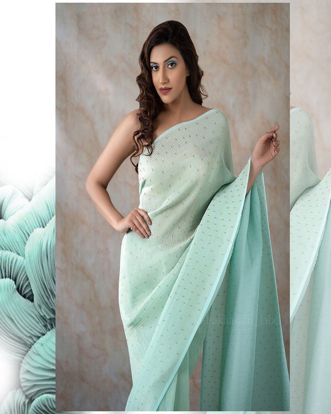 Sea green crushed georgette designer party wear saree