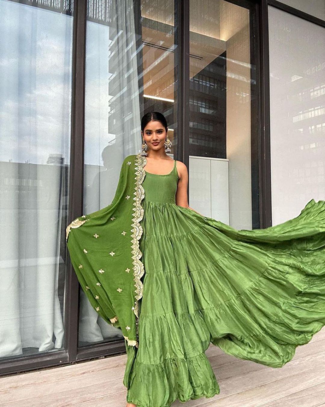 Designer green Heavy Fox Georgette Gown