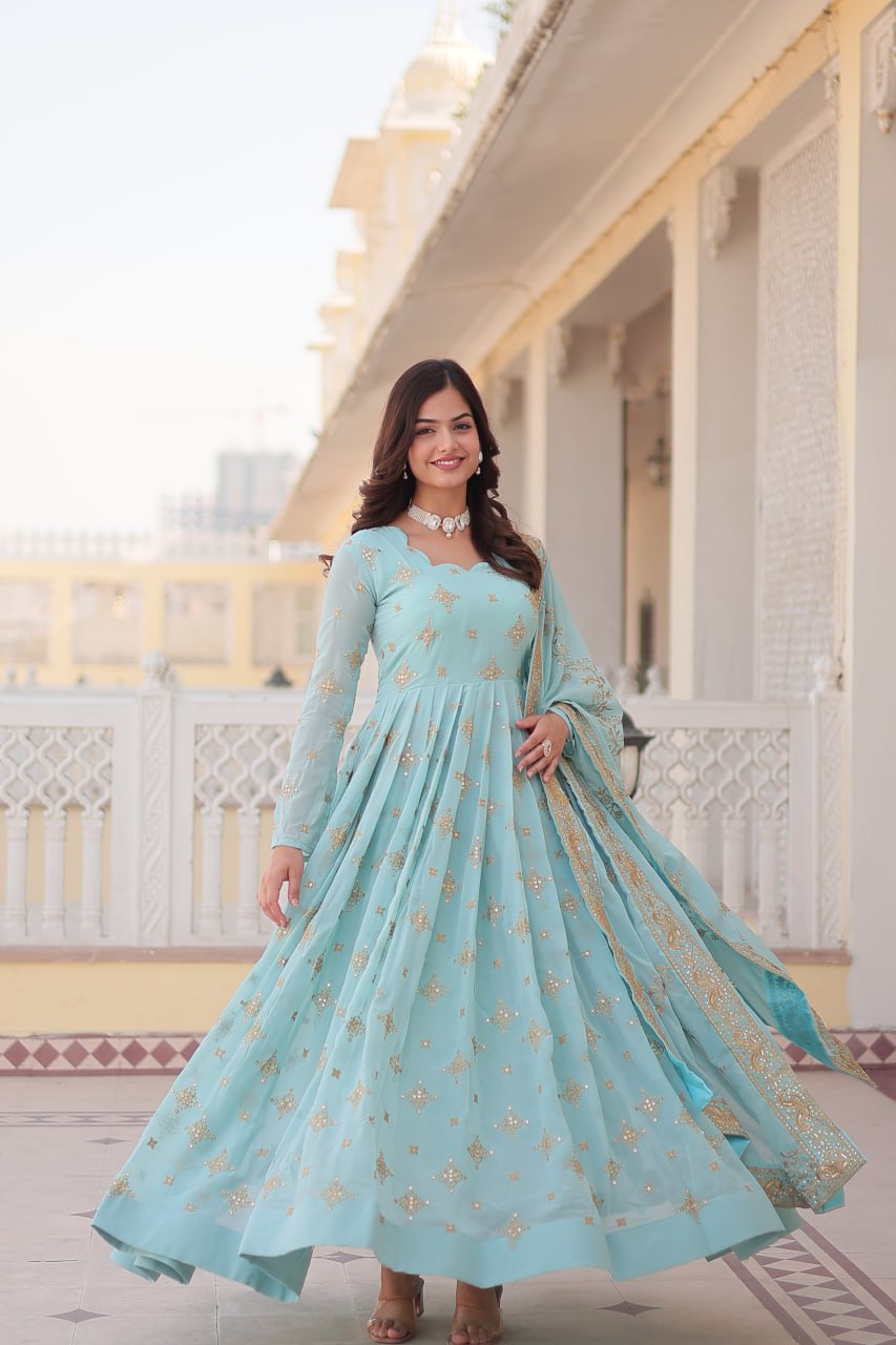 Ice Blue Embroidered Faux Georgette Gown with Dupatta