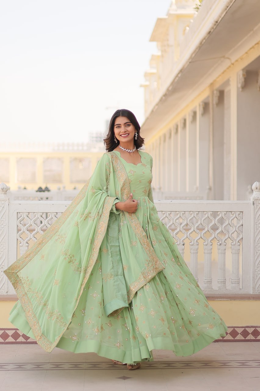 Pista Reception Gown in Georgette With Sequence Embroidery and Dupatta