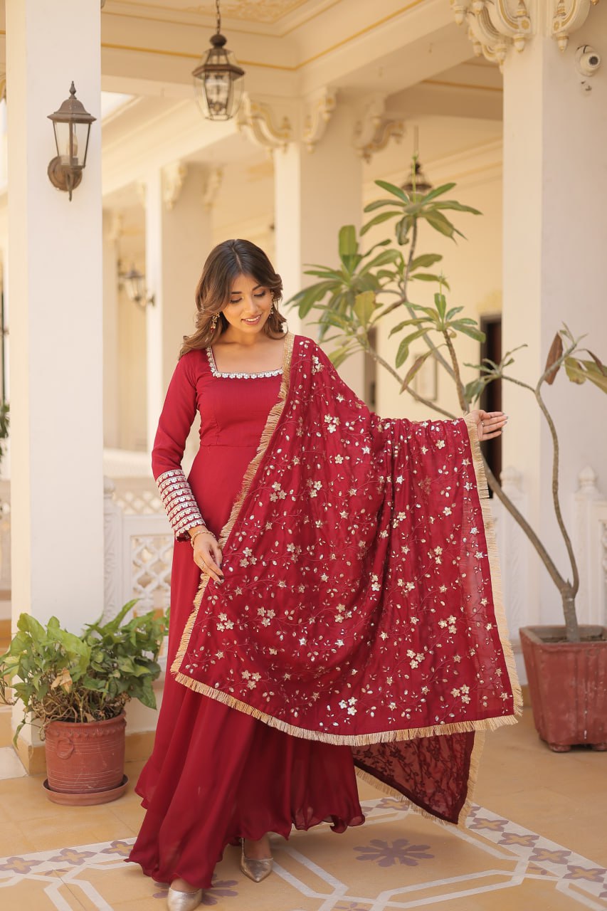 Maroon Sparkling Faux Blooming Gown with Embroidered Sequins & Designer Lace Dupatta