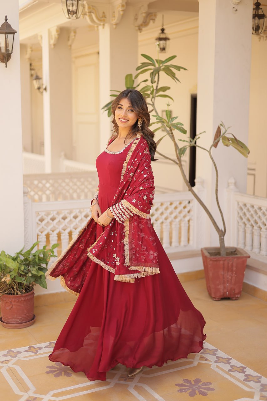 Maroon Sparkling Faux Blooming Gown with Embroidered Sequins & Designer Lace Dupatta