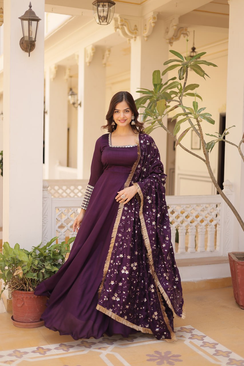 Purple Readymade Gown with Dupatta