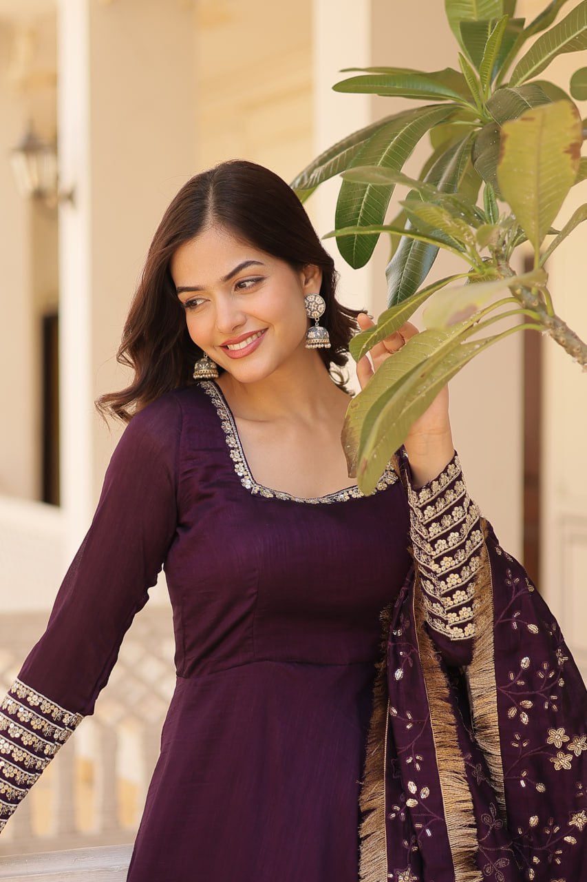 Purple Readymade Gown with Dupatta