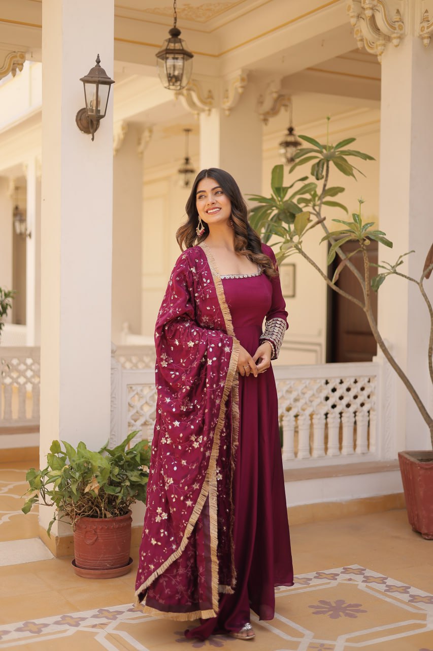 Rani PinkColour Vichitra Silk With Embroidery Zari Sequins-Work Gown Dupatta Set