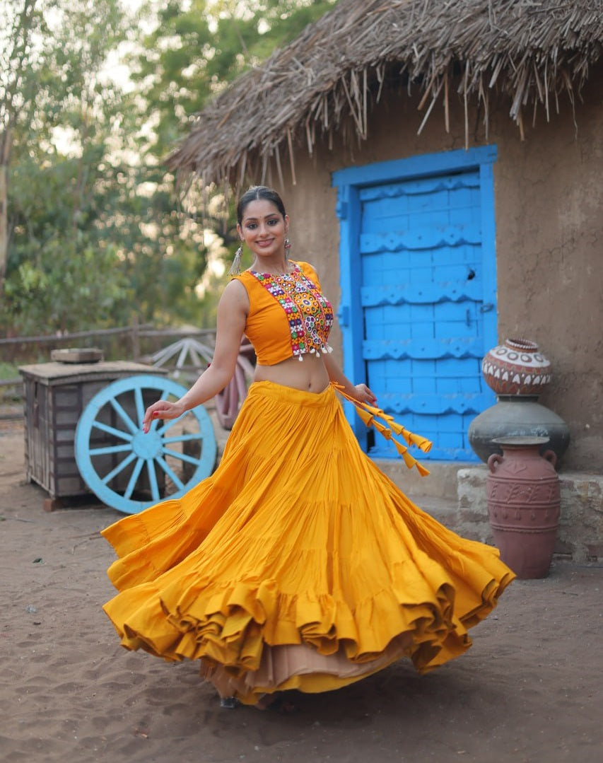 Mustard Color Rayon Embroidered Navratri Lehenga Choli