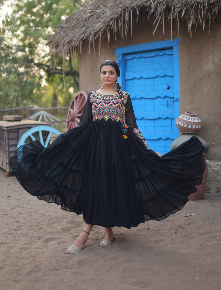 Black Color Blooming Ruffle Style Navratri Gown