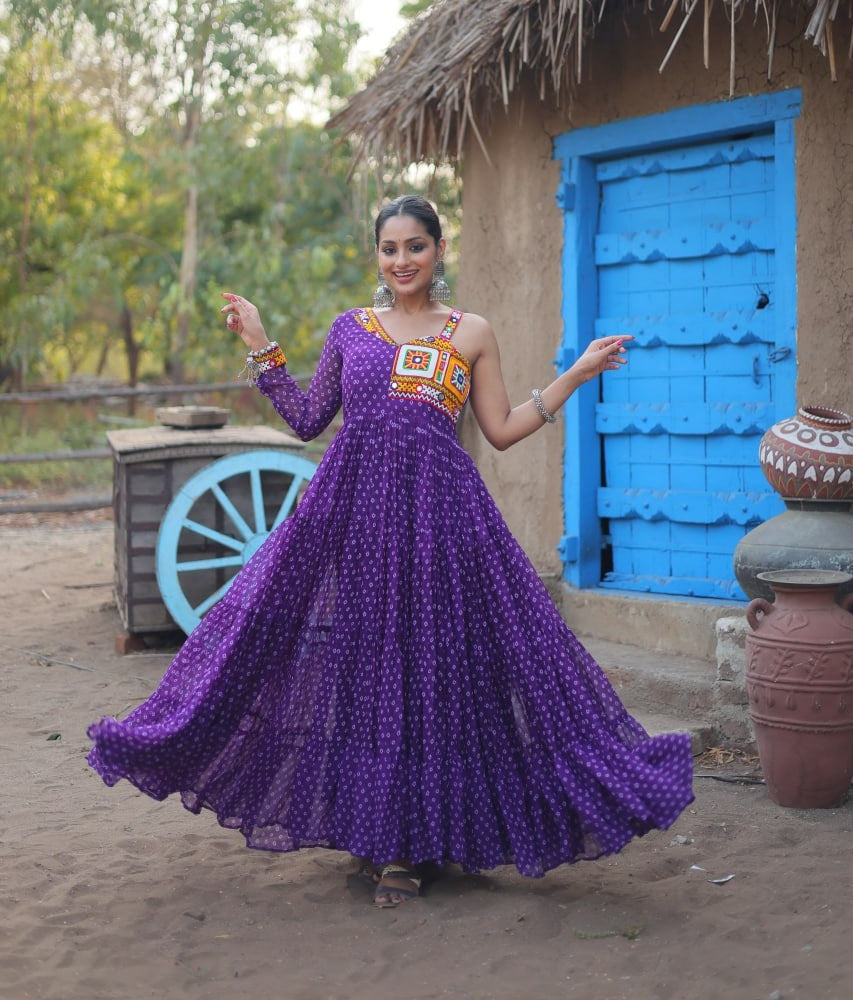 Bandhej Printed Kutch Georgette Tiered Gown in Purple