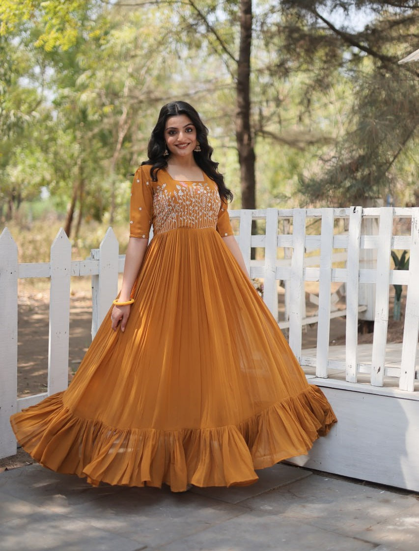 Mustard Yellow Color Faux Georgette Embroidered Anarkali Gown