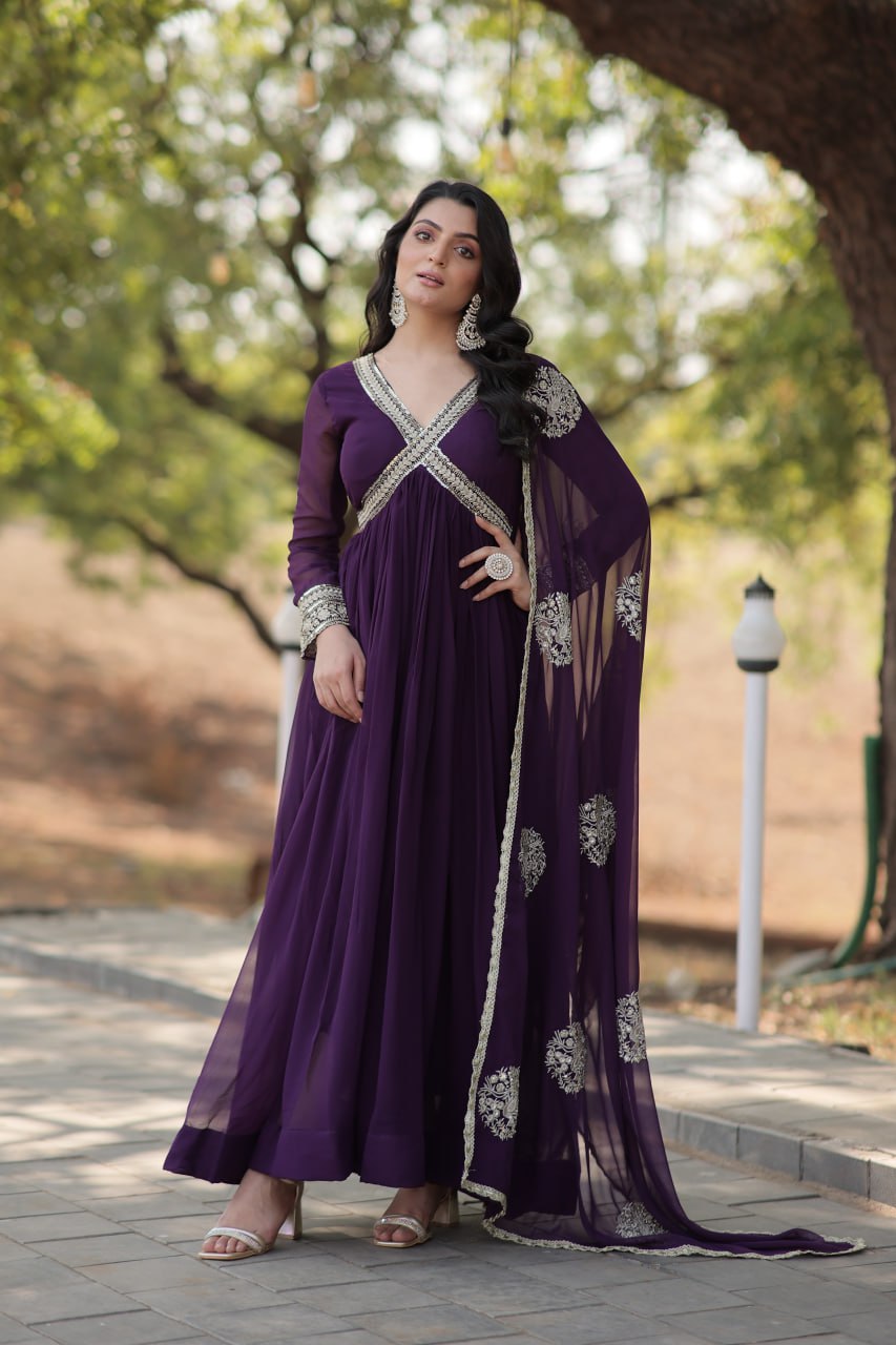 Wedding Wear Embroidered Wine Color Alia Cut Gown With Dupatta