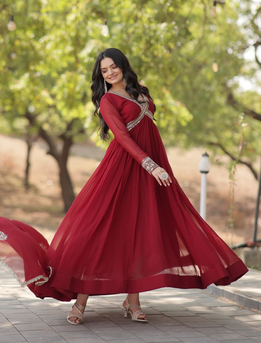 Wedding Wear Embroidered Maroon Color Alia Cut Gown With Dupatta