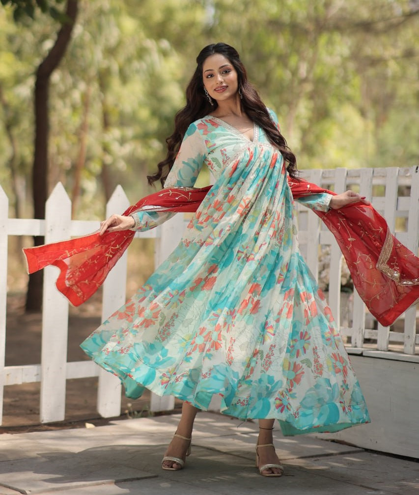 Stunning Digital Printed Russian Silk Sky Blue Dress with Embroidered Dupatta