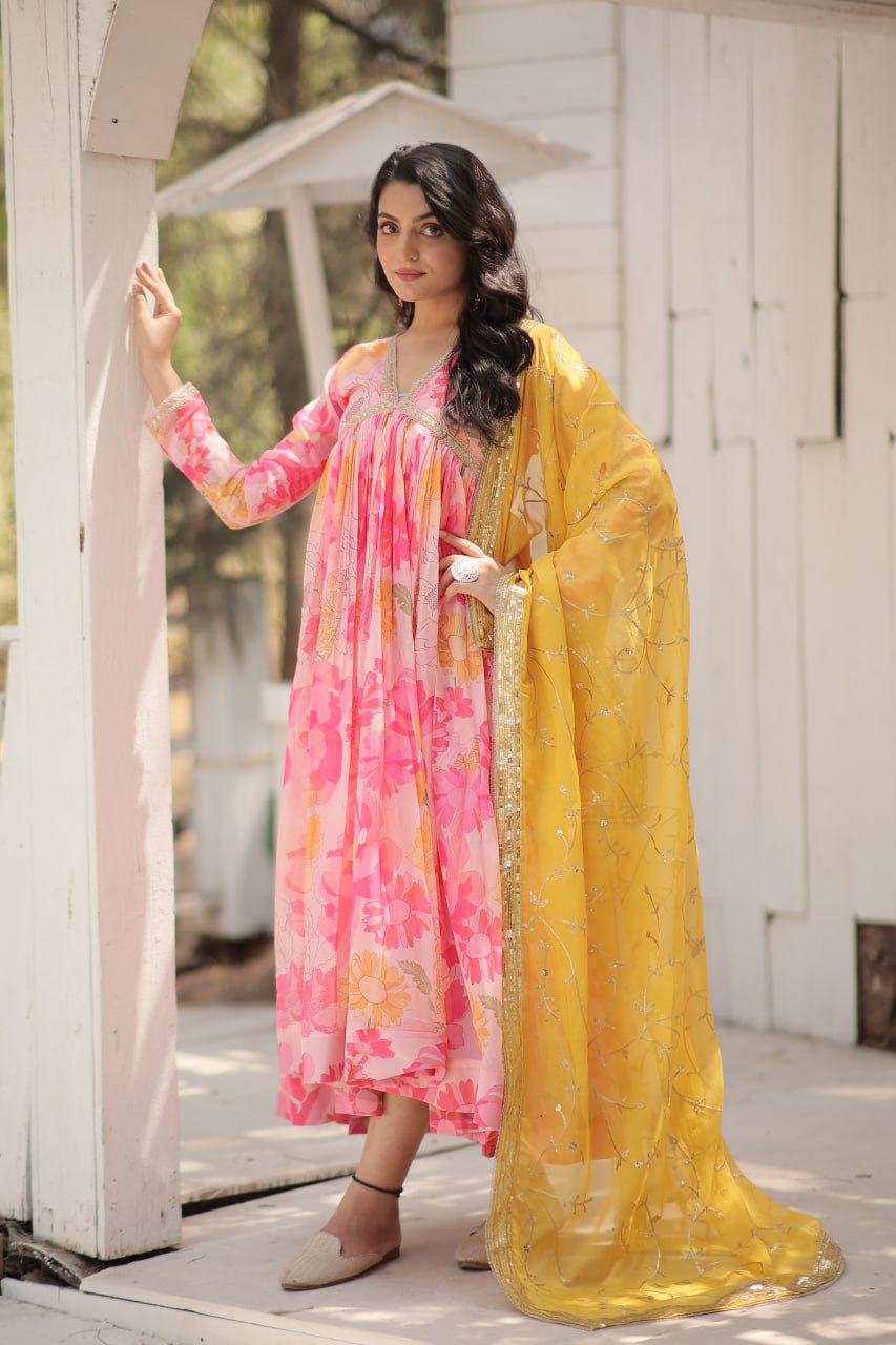 Pink Digital Printed Russian Silk Sky Blue Dress with Embroidered Dupatta (Copy)