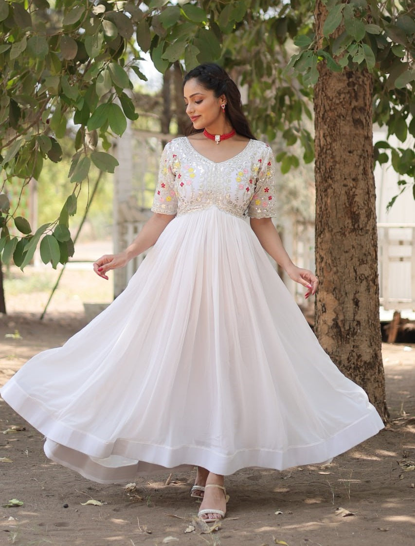 Astonishing White Thread Embroidered Georgette Festival Wear Gown