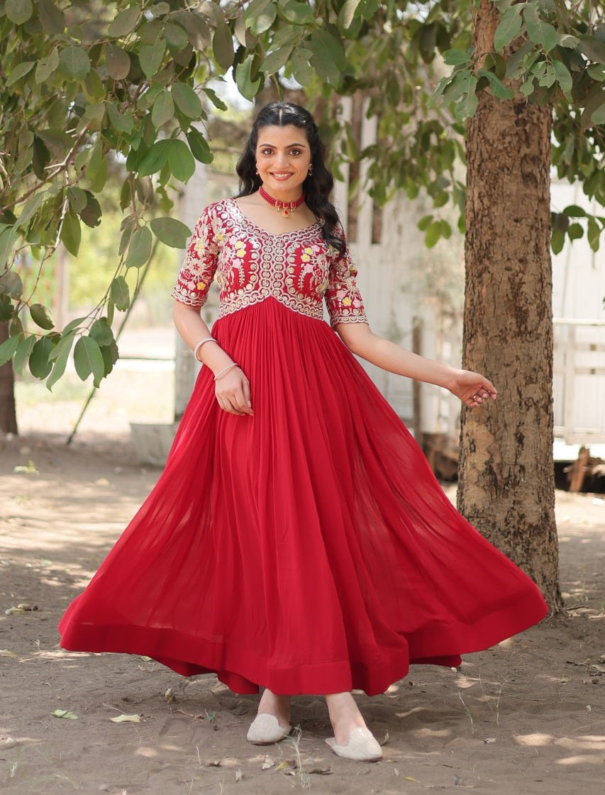 Astonishing Red Thread Embroidered Georgette Festival Wear Gown