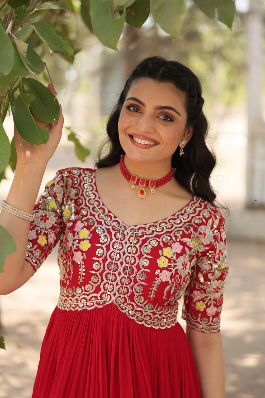 Astonishing Red Thread Embroidered Georgette Festival Wear Gown