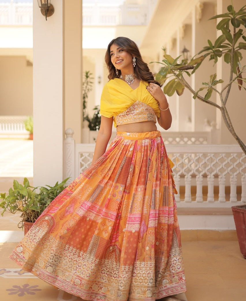 Yellow Color Designer Russian Silk Embroidery Crop Top Lehenga Choli