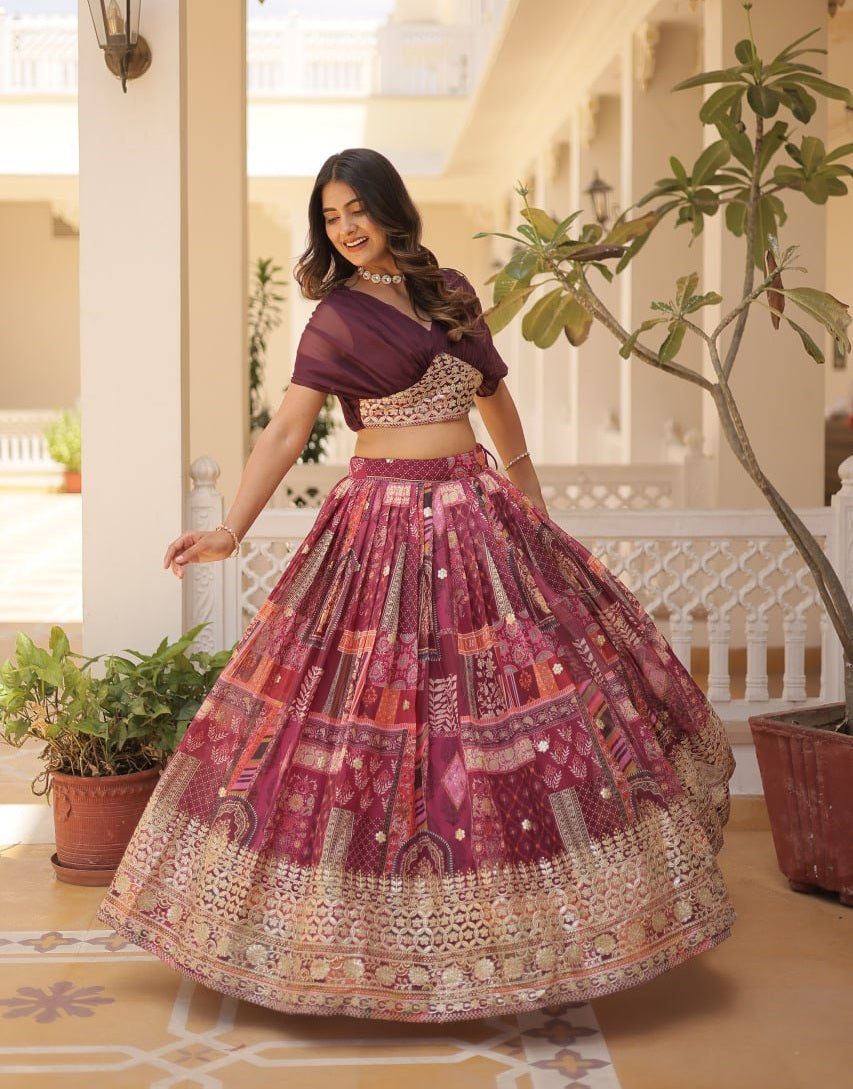 Wine Color Designer Russian Silk Embroidery Crop Top Lehenga Choli