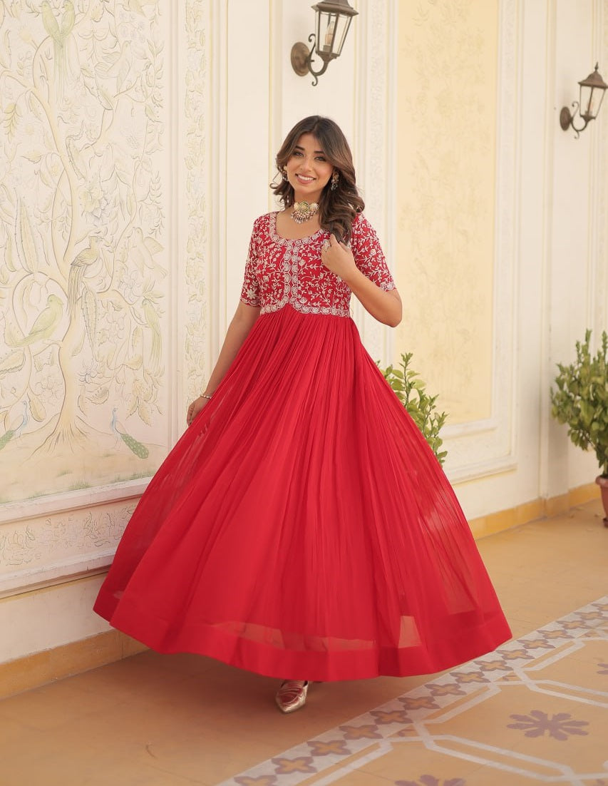 Enchanting Red Embroidered Georgette Wedding Wear Gown