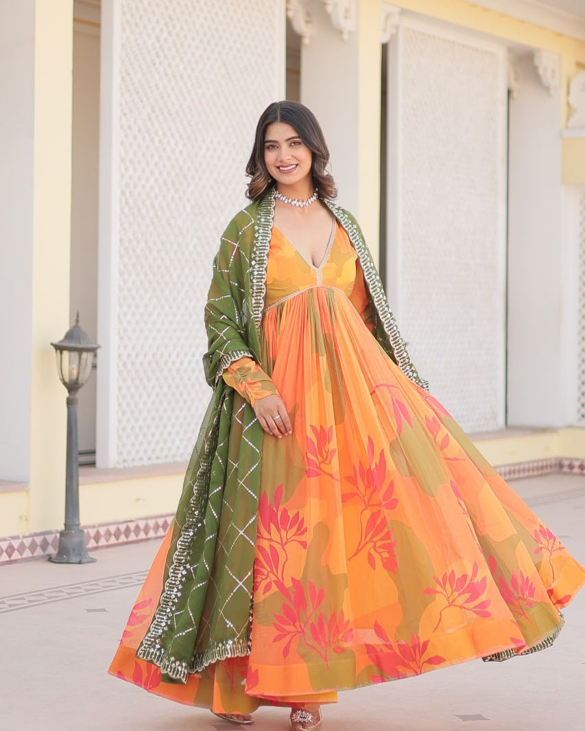 Mehndi-Orange Color Floral Embroidered Alia Cut Gown With Dupatta