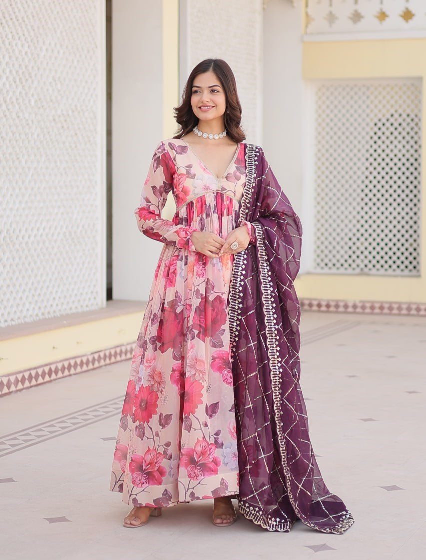 Purple-Pink Color Floral Embroidered Alia Cut Gown With Dupatta