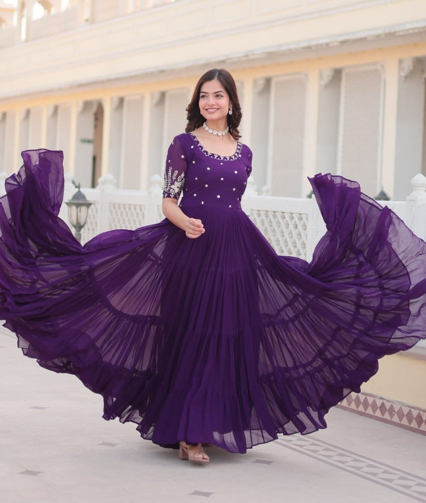 Purple Color Four Layer Georgette Embroidered Gown