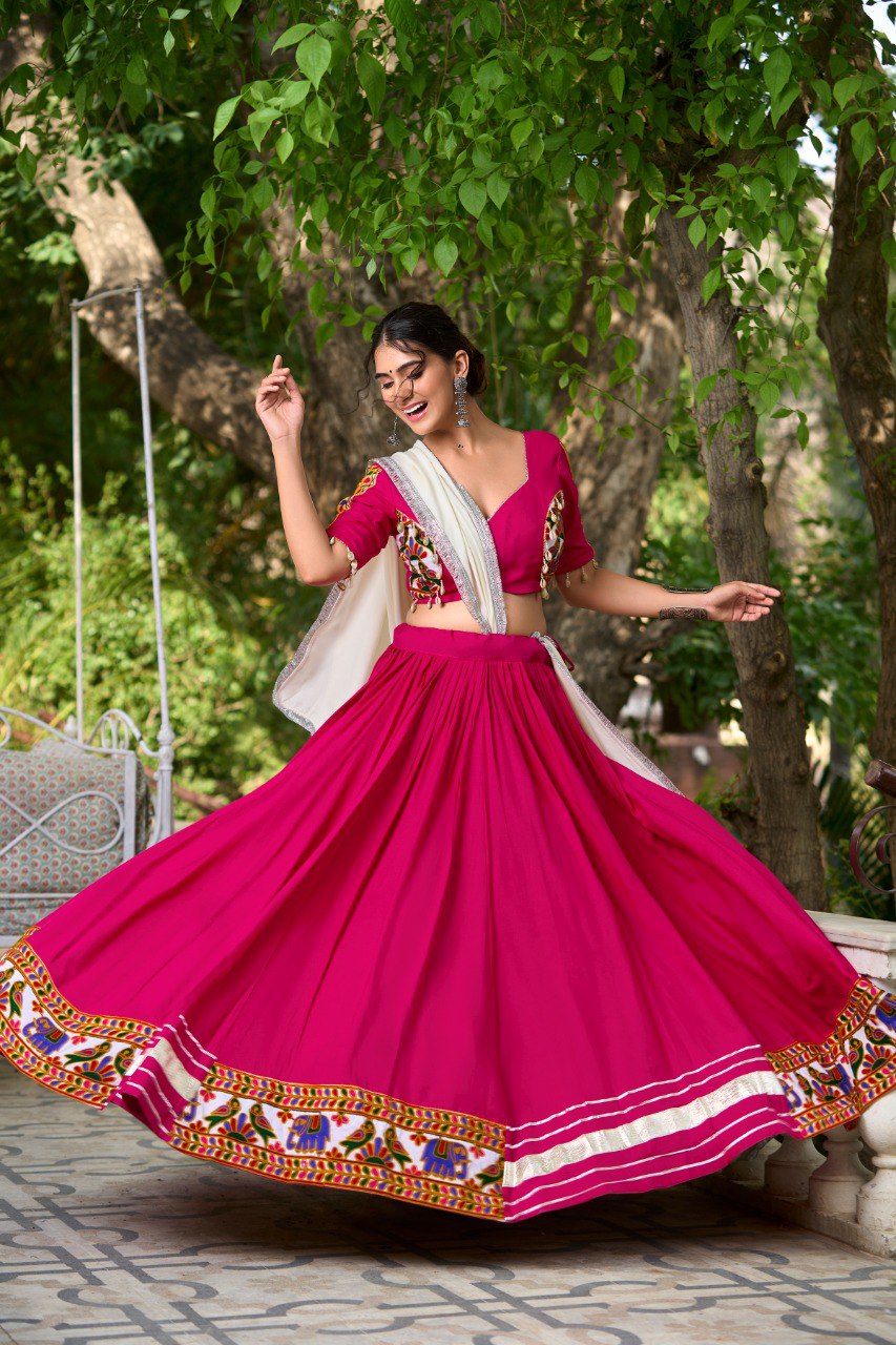 Pink Color Plain With Gamthi Work And Gota Patti Rayon Chaniya Choli