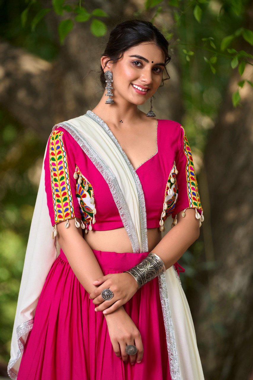 Pink Color Plain With Gamthi Work And Gota Patti Rayon Chaniya Choli