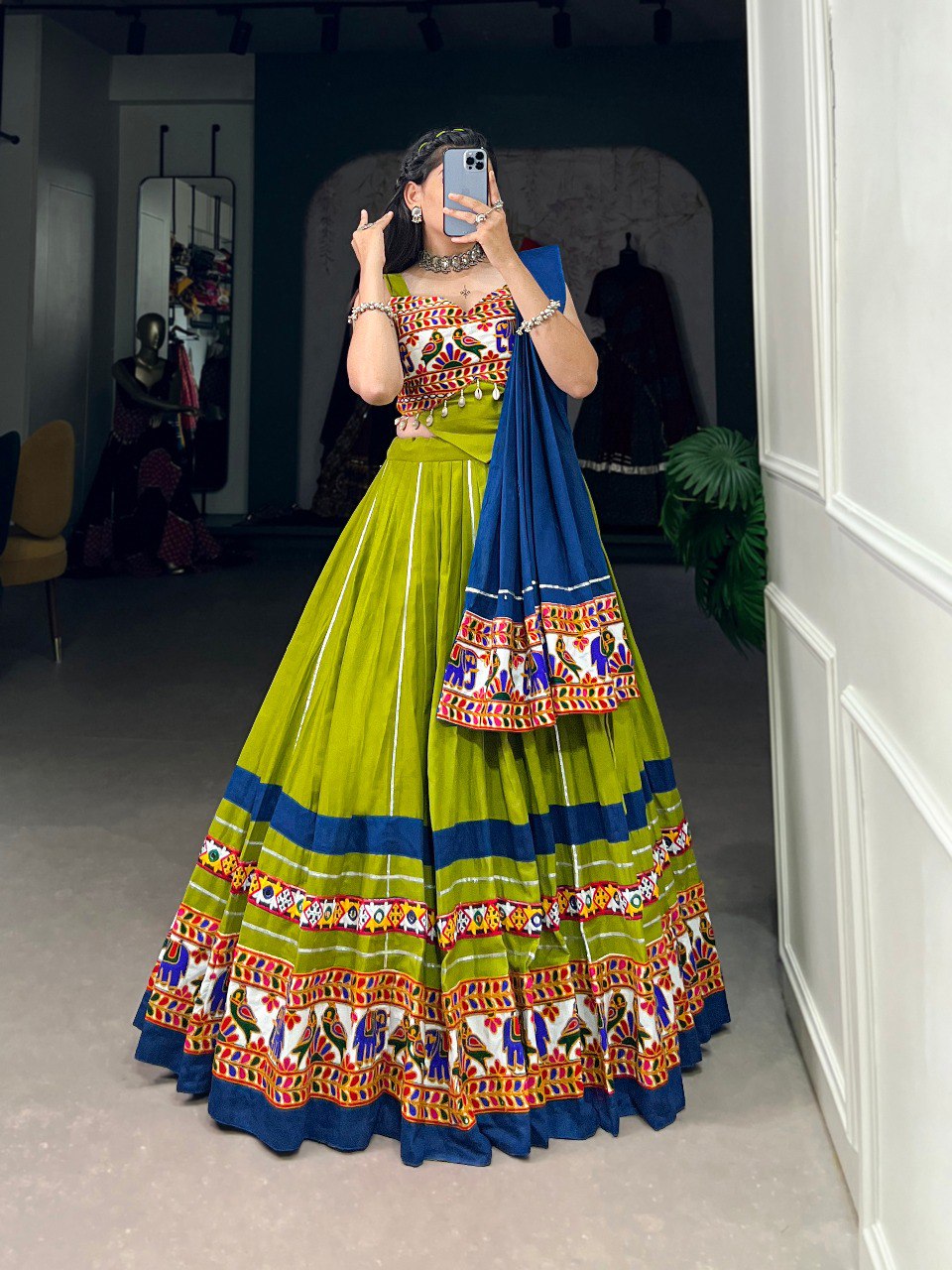 Parrot Color Plain And Gamthi Work With Original Mirror Work Cotton Lehenga Choli