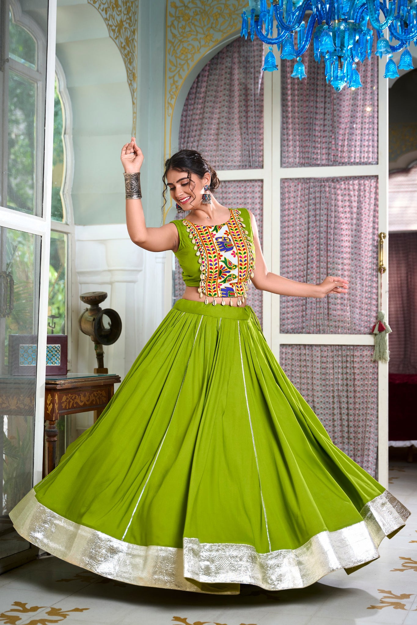 Parrot Color Plain And Gamthi Work Rayon Co-ord Set Lehenga Choli