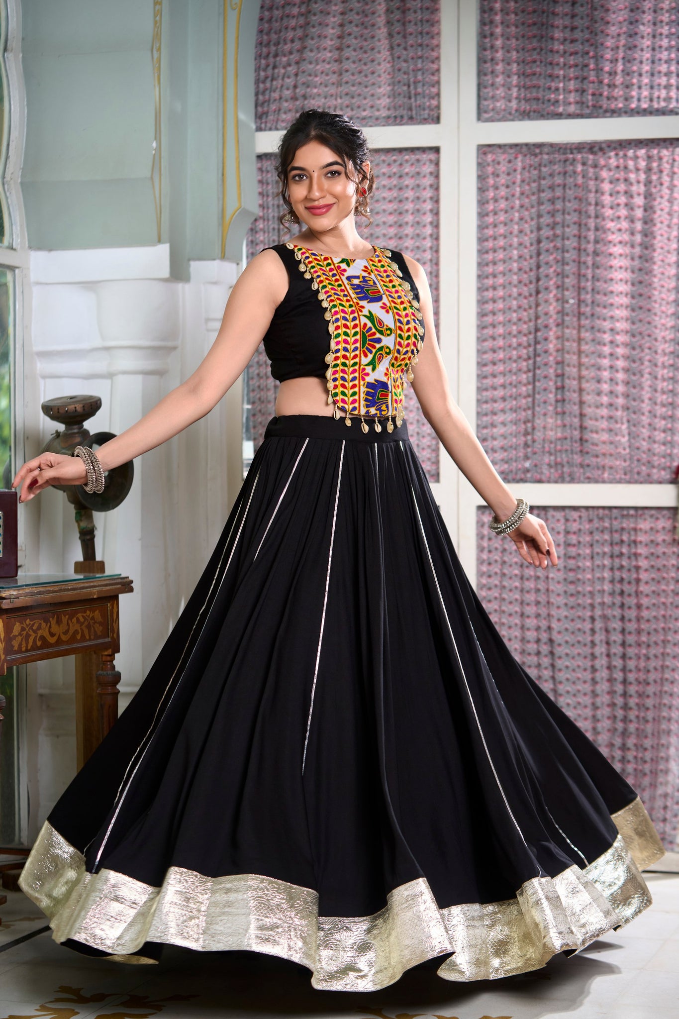 Black Color Plain And Gamthi Work Rayon Co-ord Set Lehenga Choli