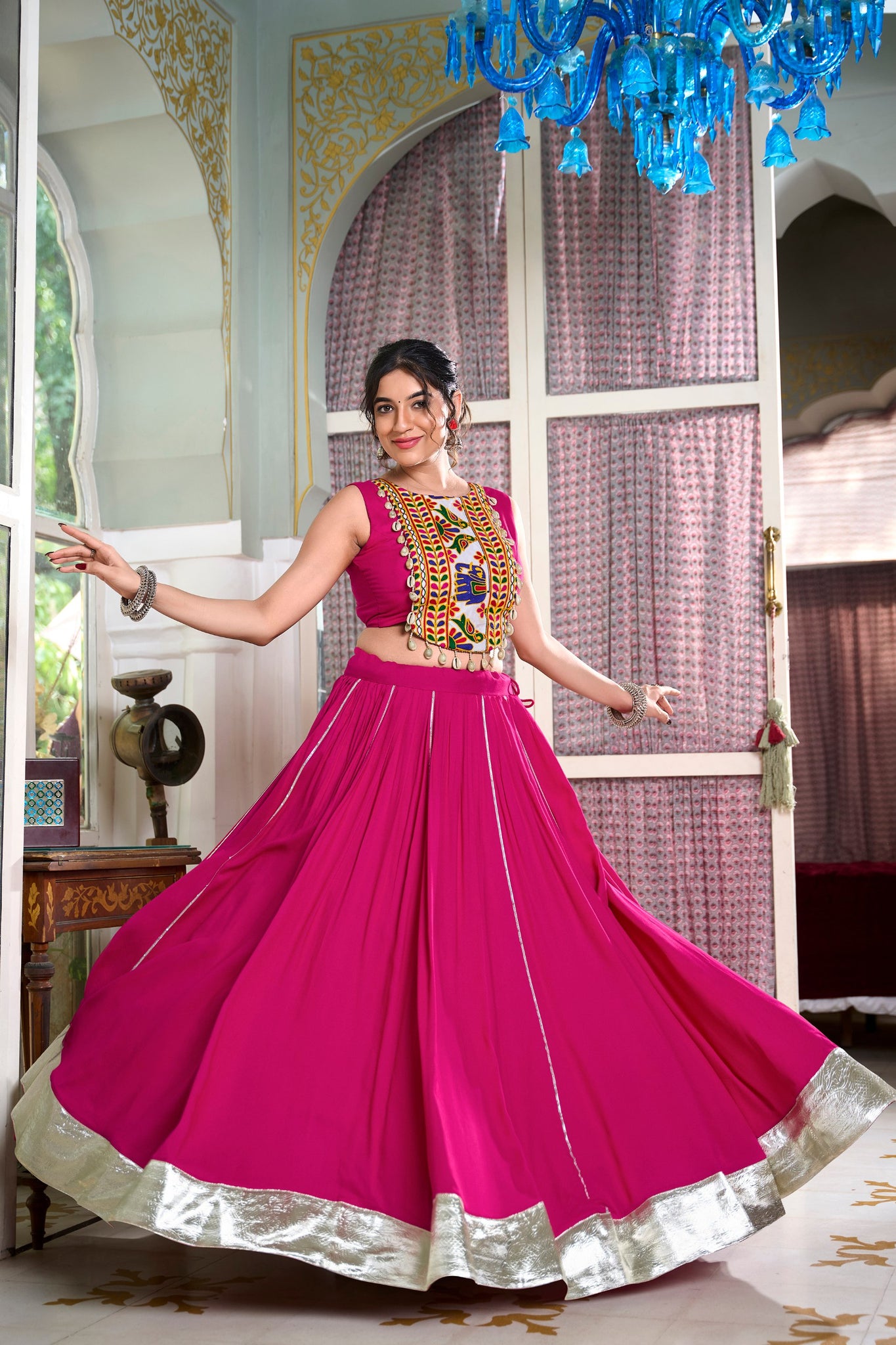 Pink Color Plain And Gamthi Work Rayon Co-ord Set Lehenga Choli