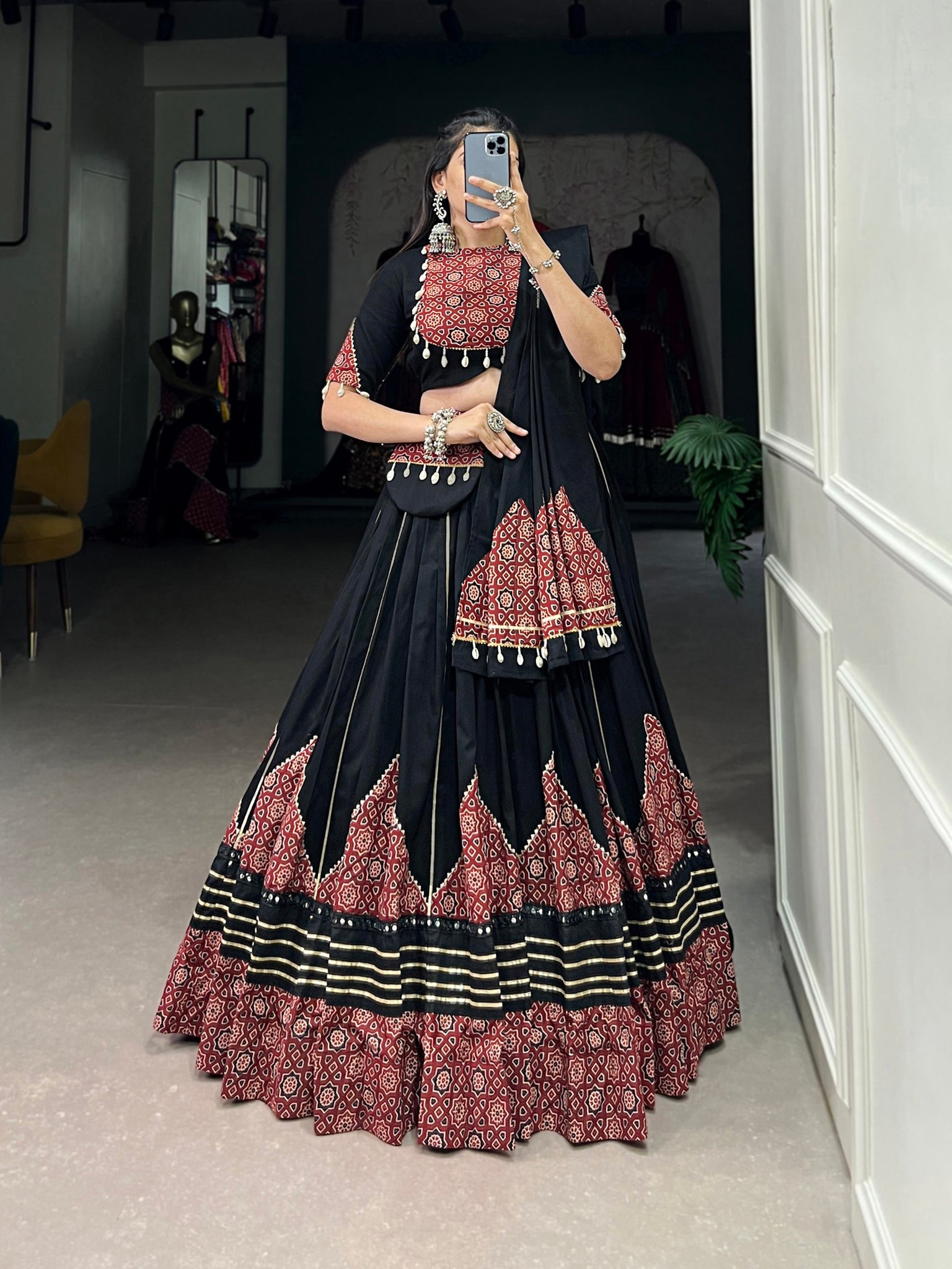 Black Color Plain With Printed And Paper Mirror Work Lace Border Chaniya Choli