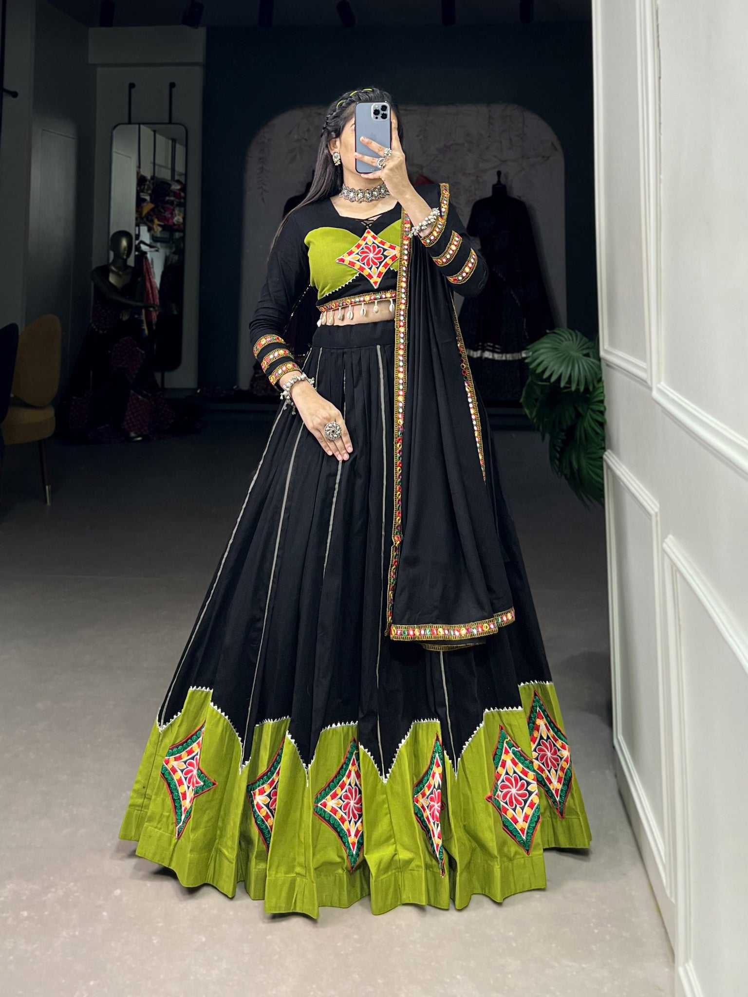 Black Color Plain With Gamthi Patch Work And Gota Patti Lace Cotton Garba Choli