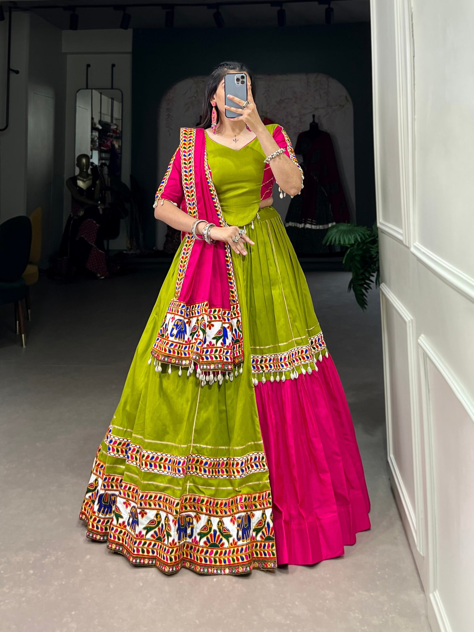 Parrot Color Plain With Gamthi Work And Gota Patti With Cotton Ghaghra Choli