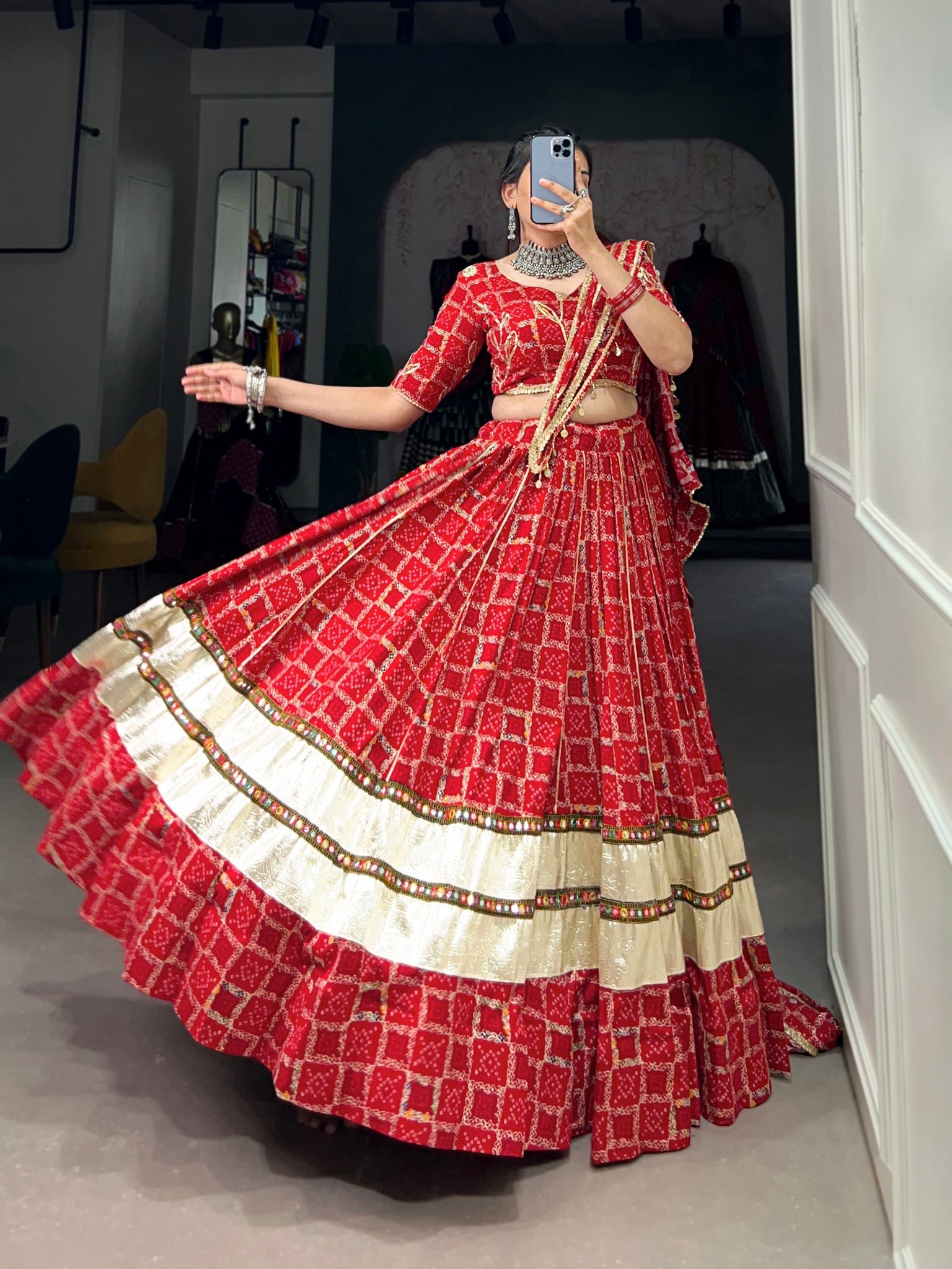 Red Color Foil Printed With Gota Patti And Paper Mirror Work Rayon Chaniya Choli