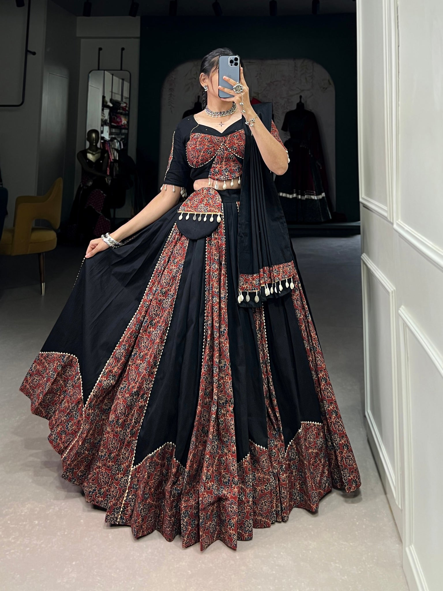 Black Color Plain With Printed And Gota Patti Cotton Chaniya Choli