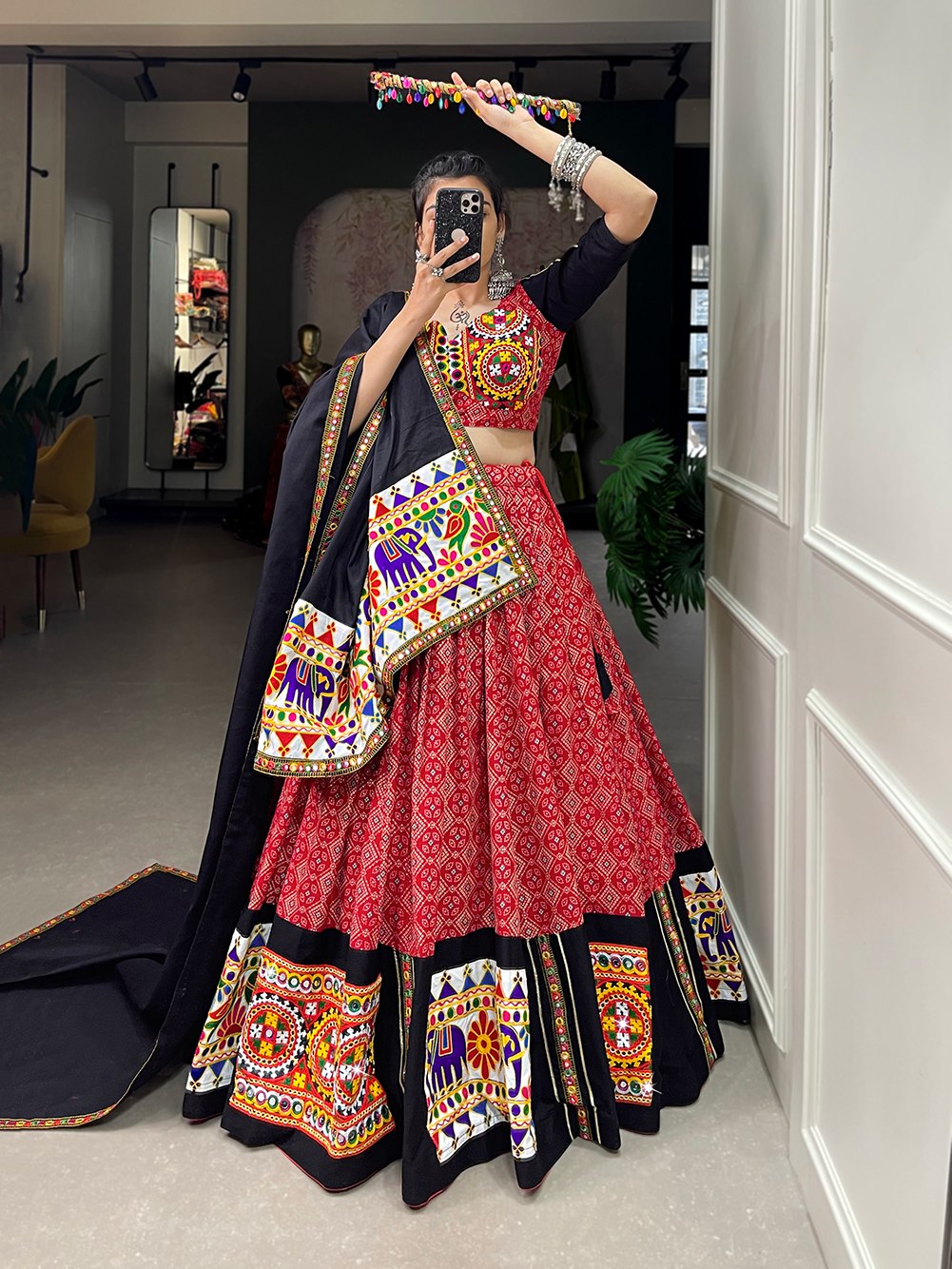 Red Color Cotton Gamthi Work Navratri Lehenga Choli