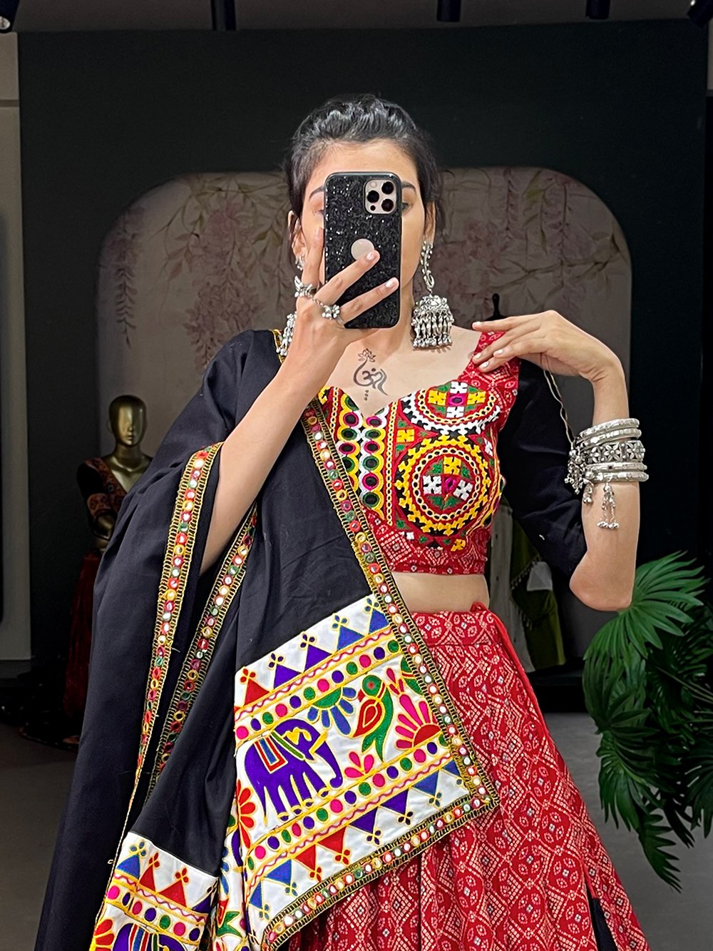 Red Color Cotton Gamthi Work Navratri Lehenga Choli