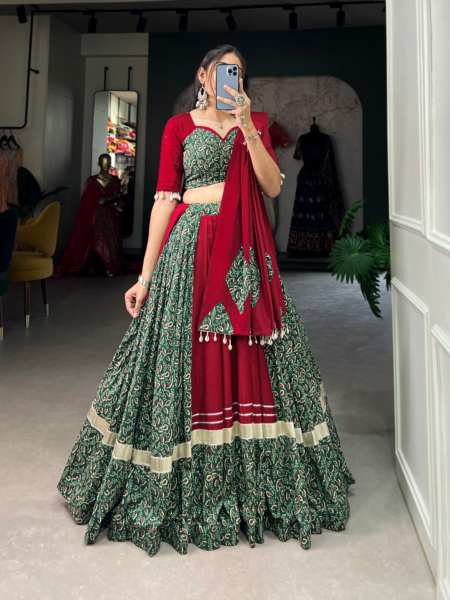 Red Color Palin And Printed With Gota Patti Cotton Navratri Lehenga Choli