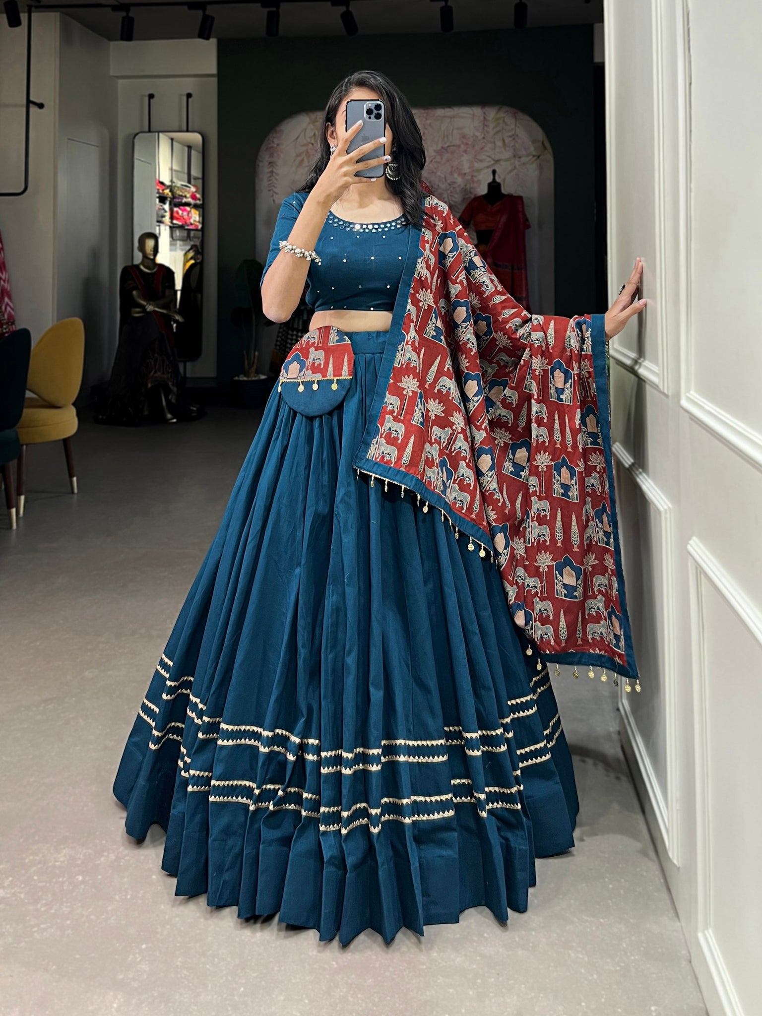 Firozi Color Cotton Plain Navratri Lehenga Choli