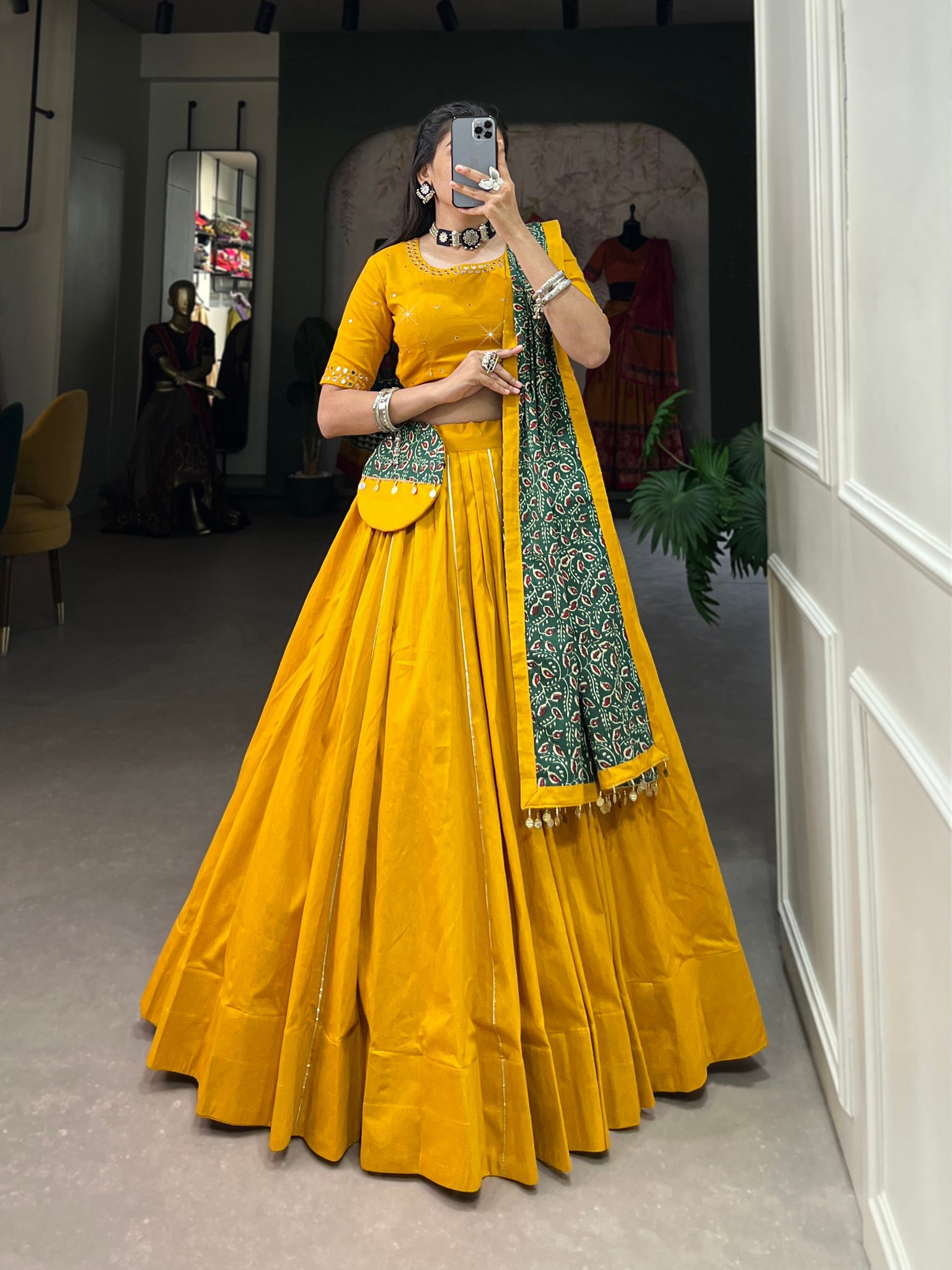 Mustard Color Cotton Plain Navratri Lehenga Choli