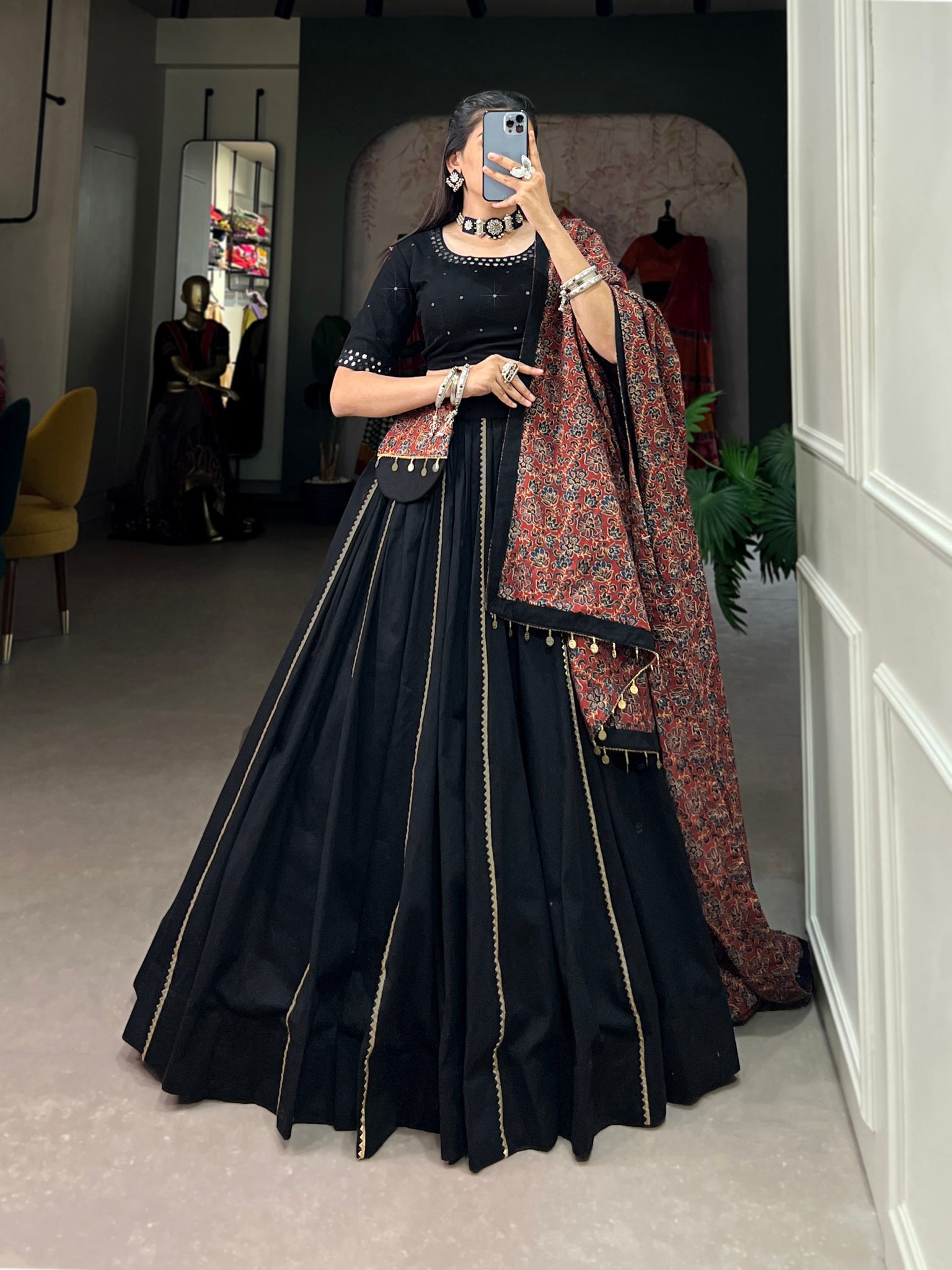 Black Color Cotton Plain Navratri Lehenga Choli