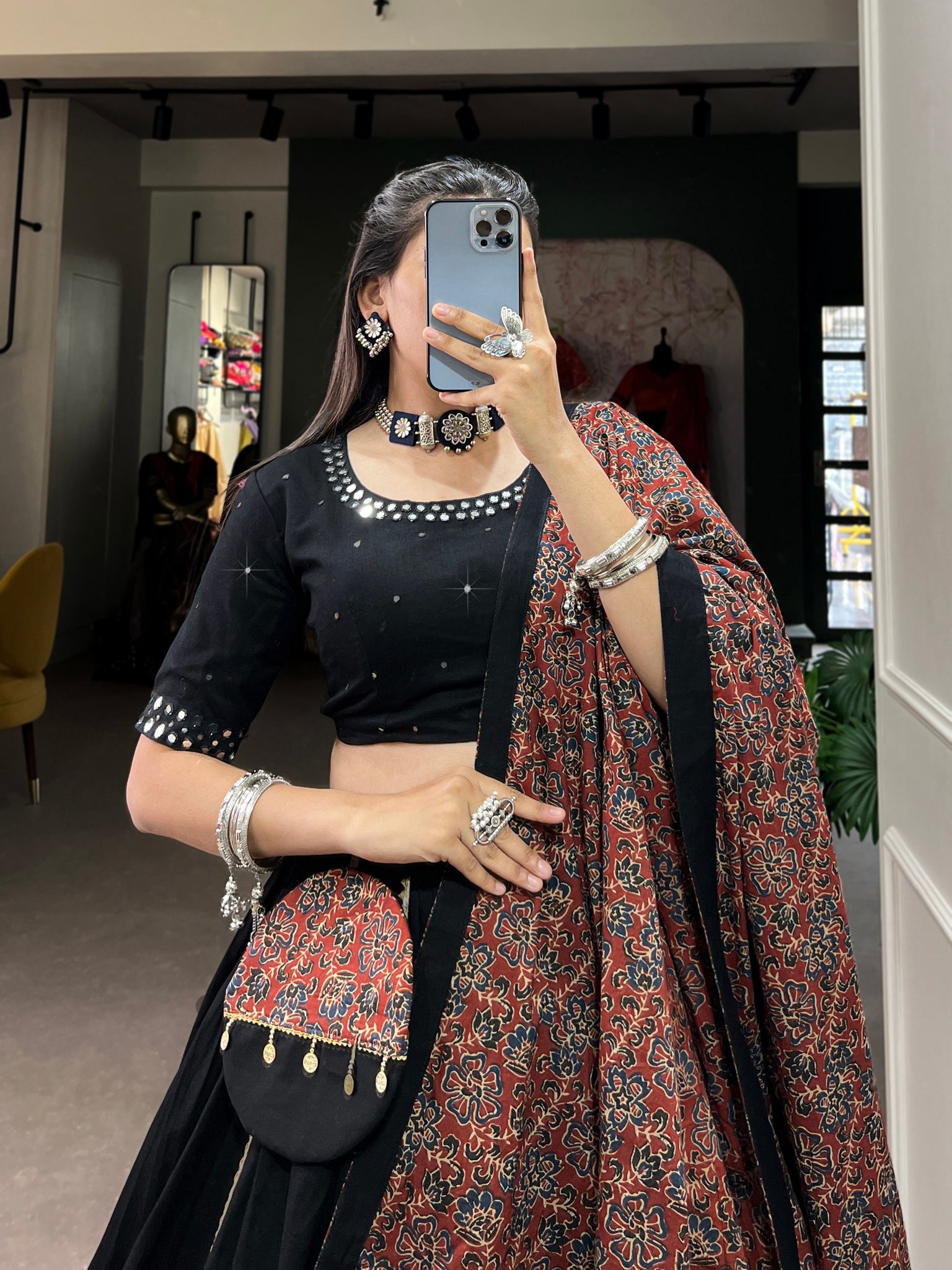 Black Color Cotton Plain Navratri Lehenga Choli